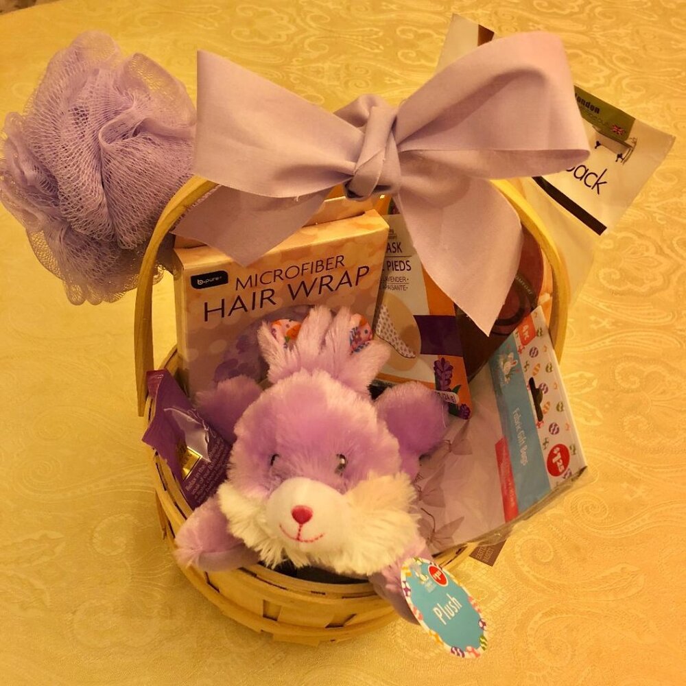 Purple Basket Spa Bundle, plush bunny, treat bags, spa essentials